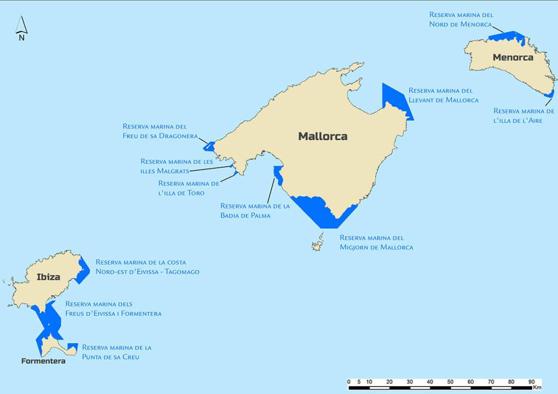 Marina reservat Balearerna karta - Mallorca Ibiza Menorca Formentera spanskt fiskekort